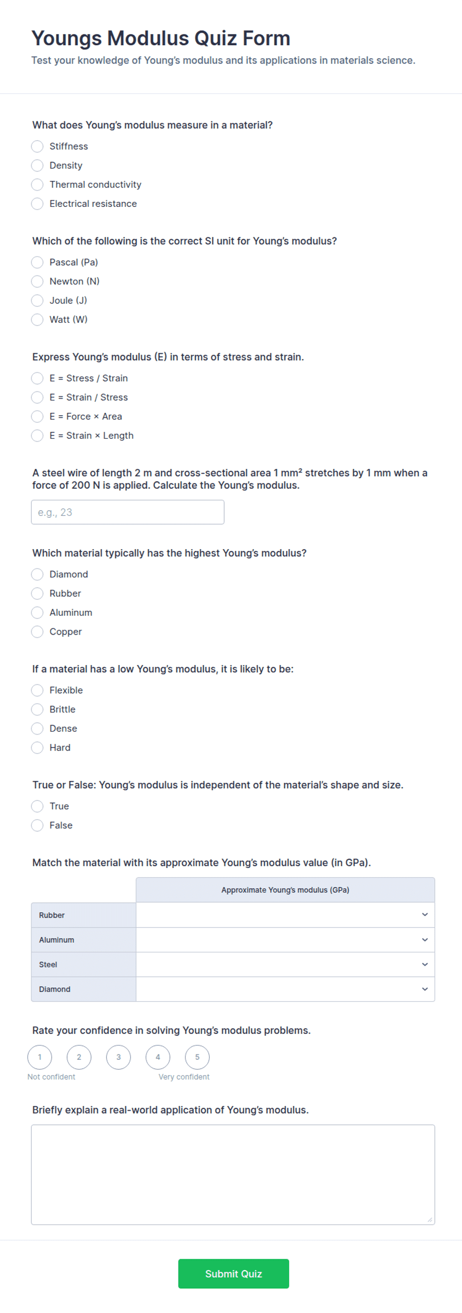 Youngs Modulus Quiz Form Template | Jotform