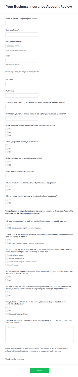 Business Insurance Account Review Form Template