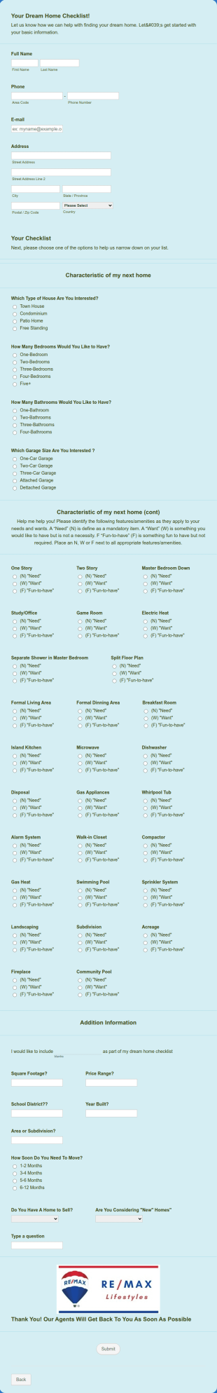 Your Dream Home Checklist Form Template