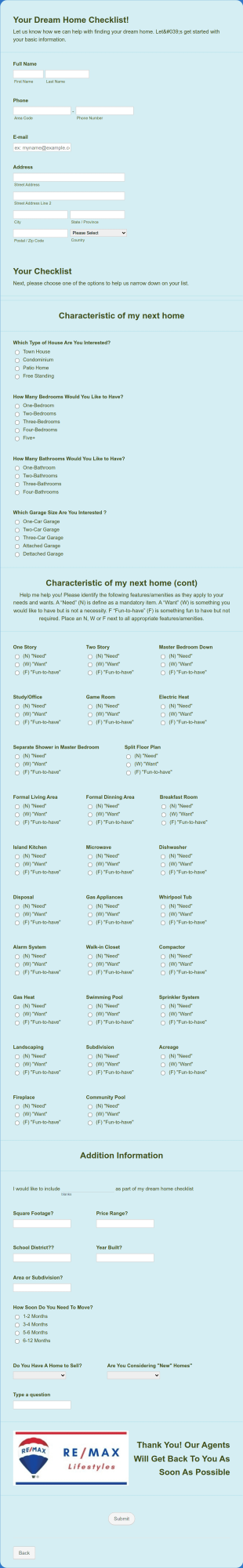 Your Dream Home Checklist Form Template
