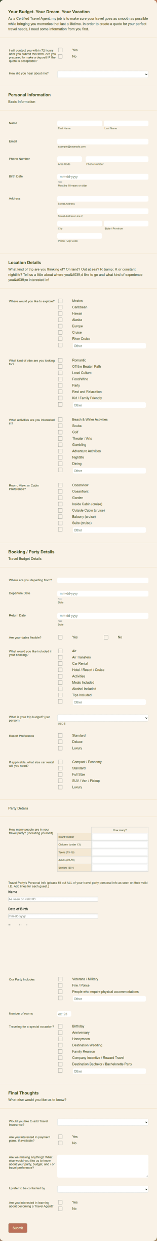 Your Dream. Your Budget. Your Vacation Form Template