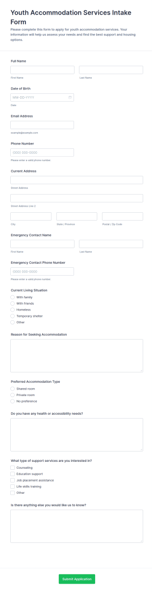 Youth Accommodation Services Intake Form Template