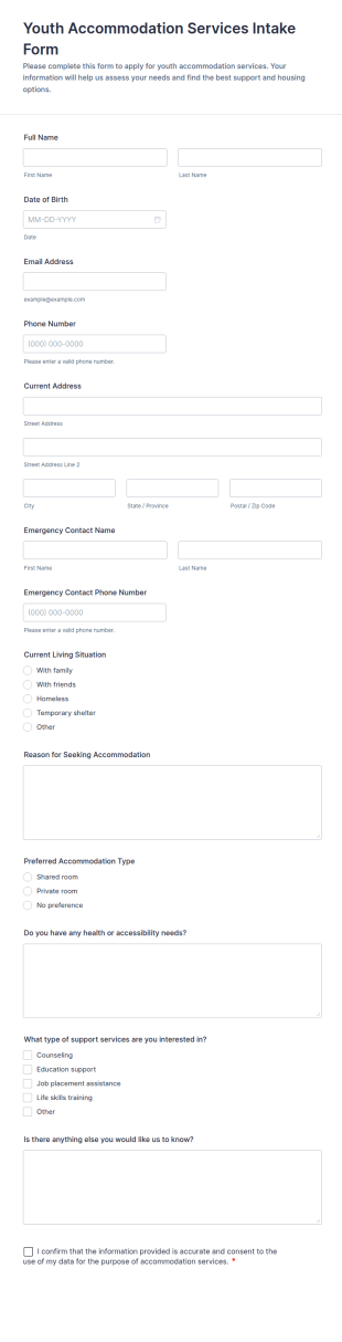 Youth Accommodation Services Intake Form Template
