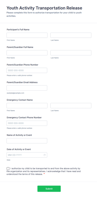 Youth Activity Transportation Release Form Template