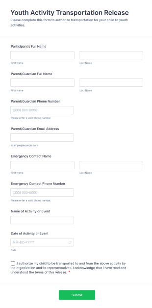 Youth Activity Transportation Release Form Template