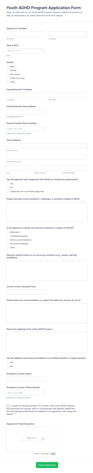 Youth ADHD Program Application Form Template