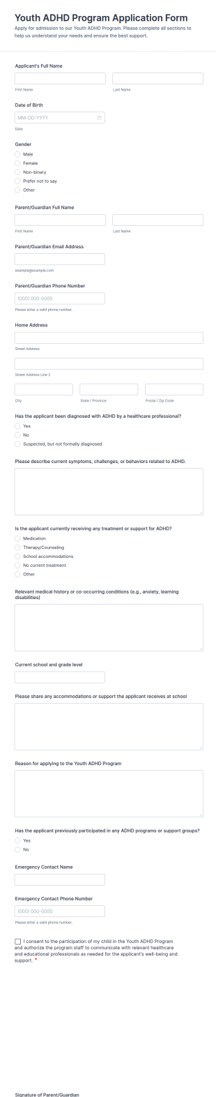 Youth ADHD Program Application Form Template