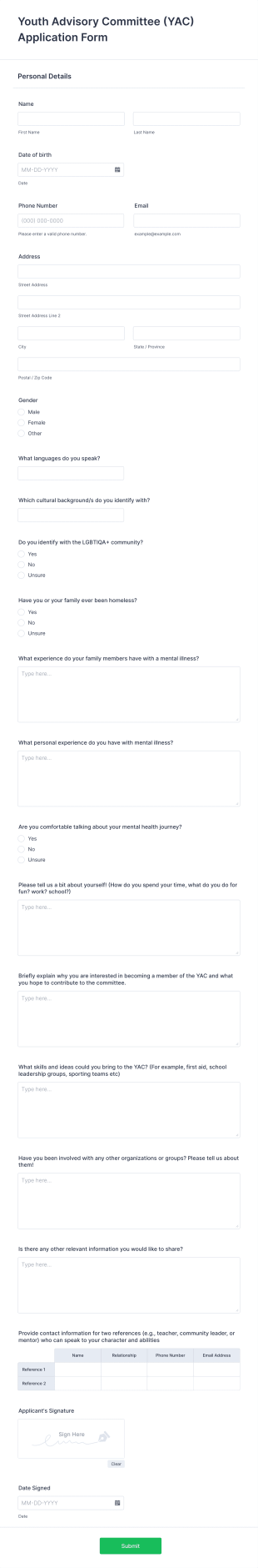 Youth Advisory Committee (YAC) Application Form Template