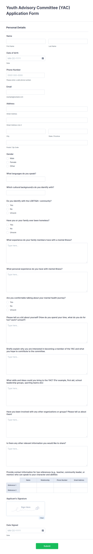 Youth Advisory Committee (YAC) Application Form Template