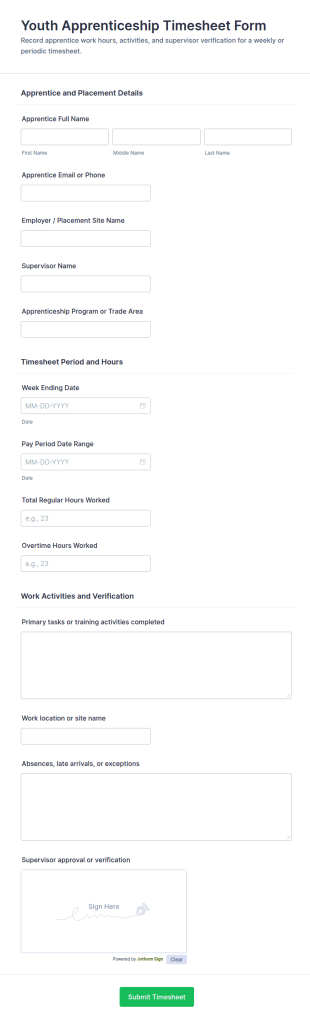 Youth Apprenticeship Timesheet Form Template