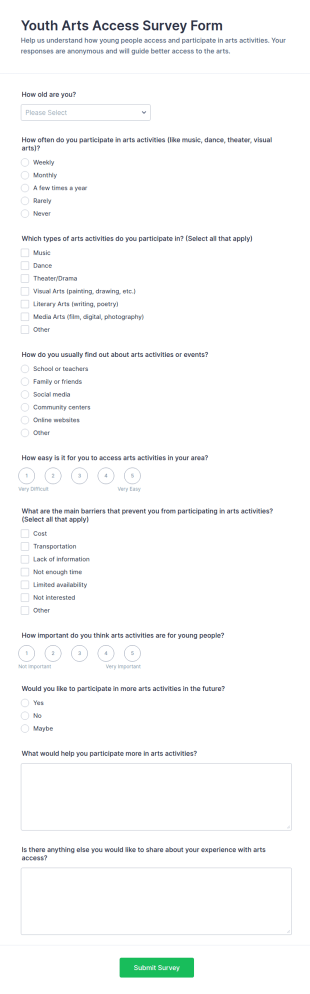 Youth Arts Access Survey Form Template