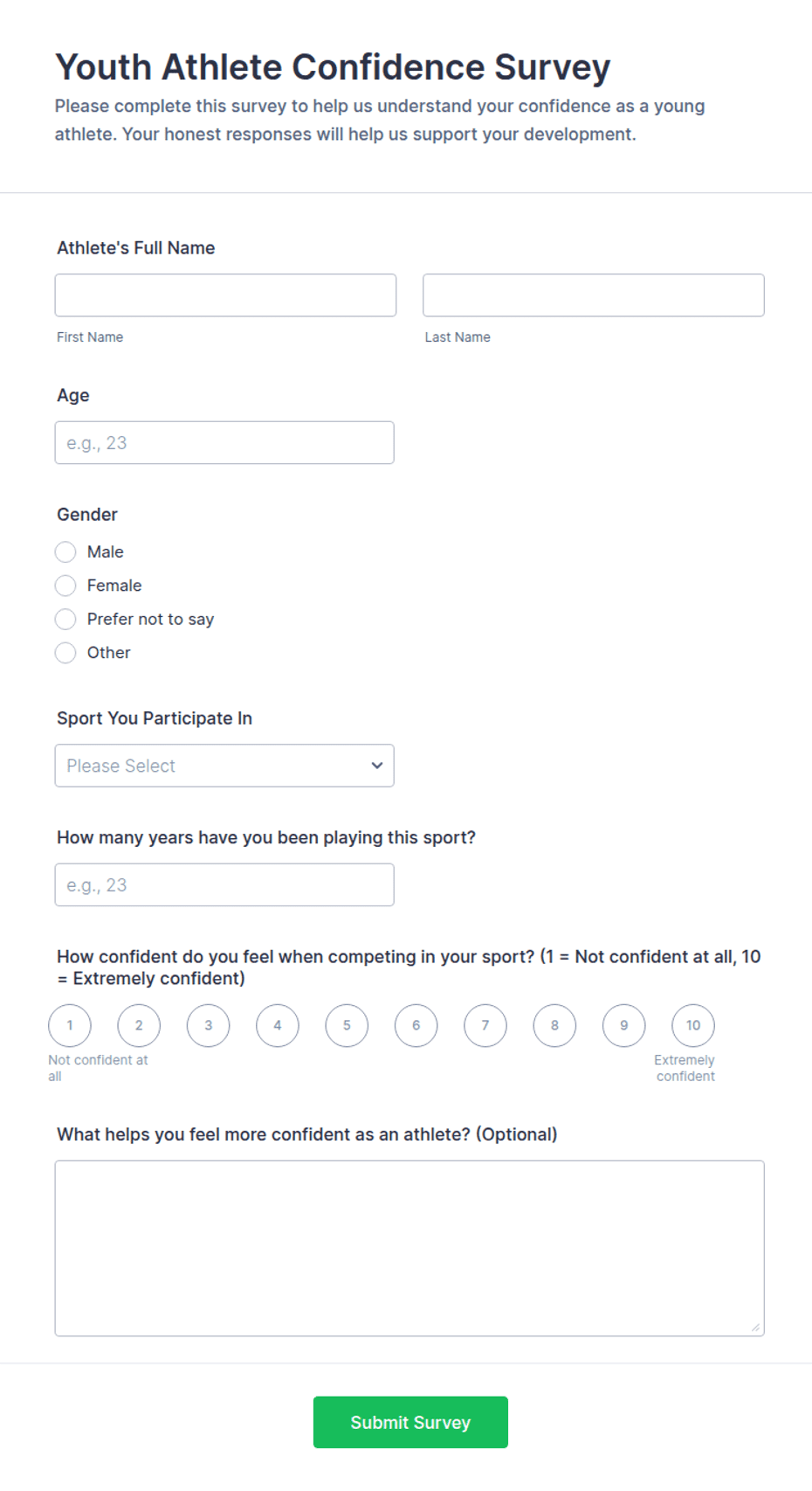 Youth Athlete Confidence Survey Form Template | Jotform