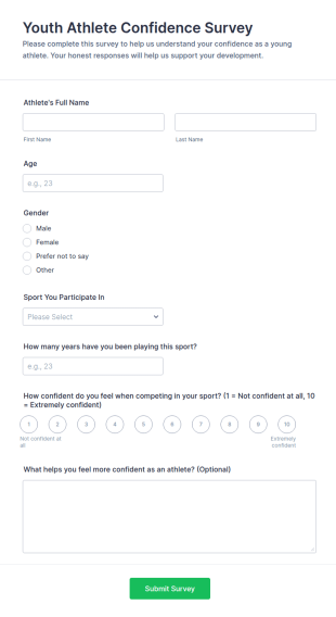 Youth Athlete Confidence Survey Form Template