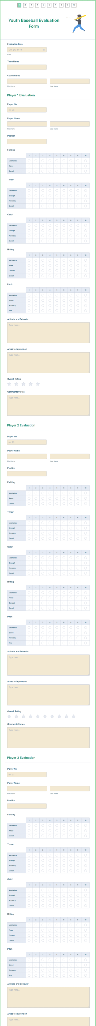 Youth Baseball Evaluation Form Template