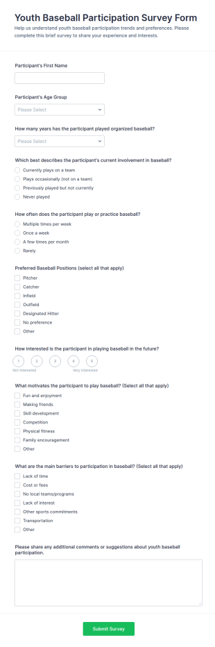 Youth Baseball Participation Survey Form Template
