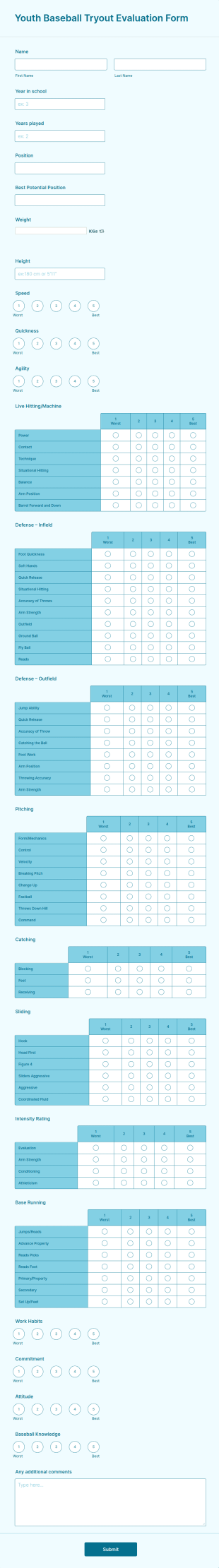 Youth Baseball Tryout Evaluation Form Template
