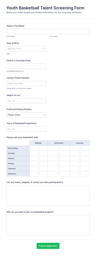 Youth Basketball Talent Screening Form Template