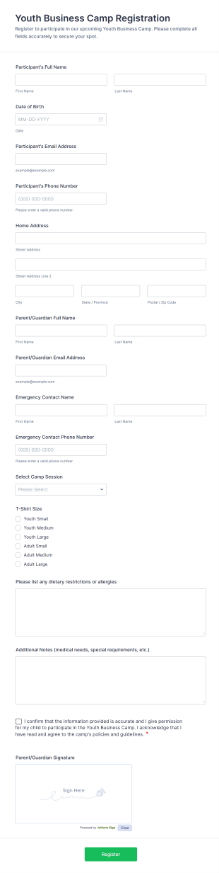 Youth Business Camp Registration Form Template