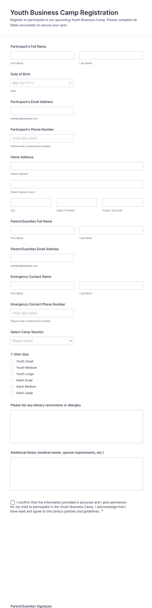 Youth Business Camp Registration Form Template