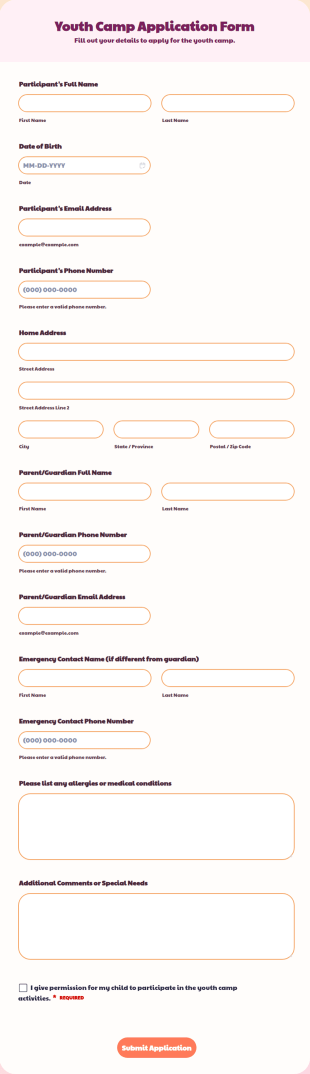 Youth Camp Application Form Template