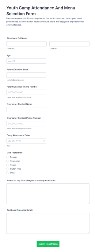Youth Camp Attendance And Menu Selection Form Template