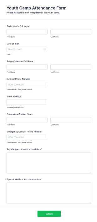 Youth Camp Attendance Form Template