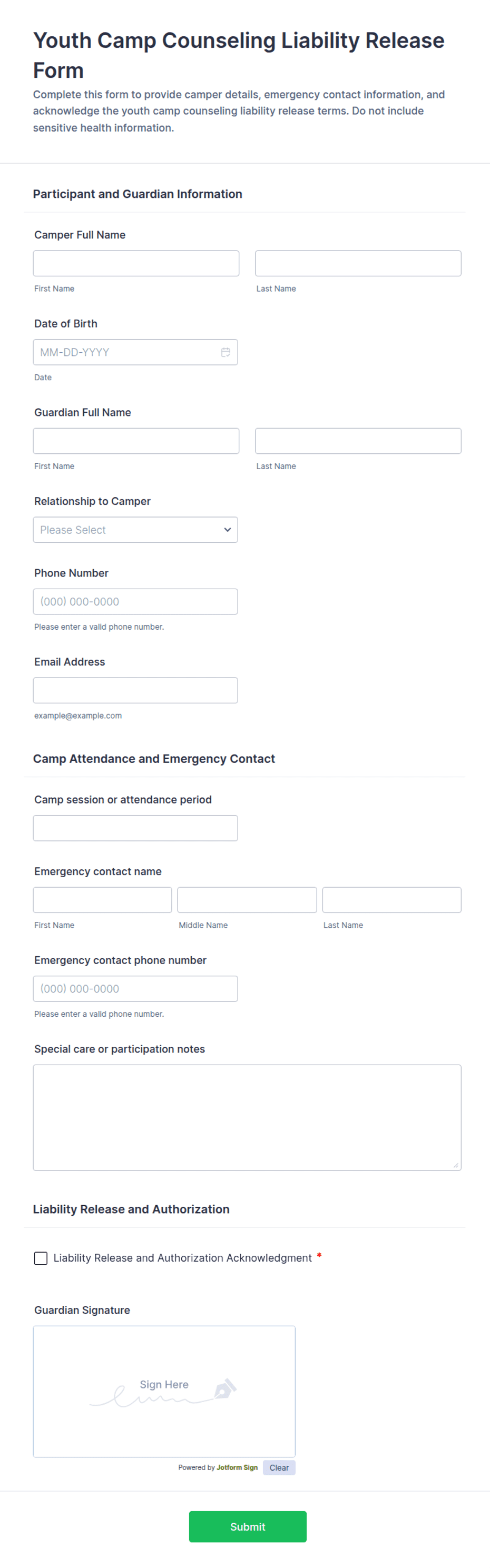 Youth Camp Counseling Liability Release Form Template | Jotform