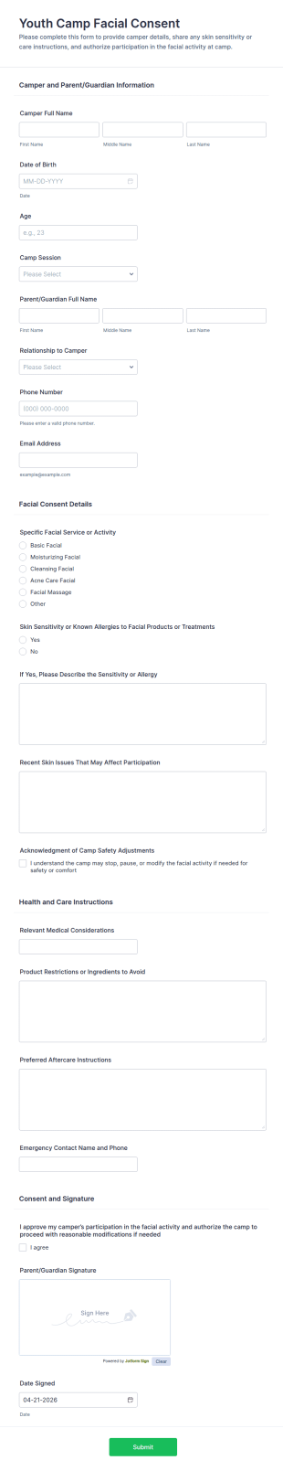 Youth Camp Facial Consent Form Template