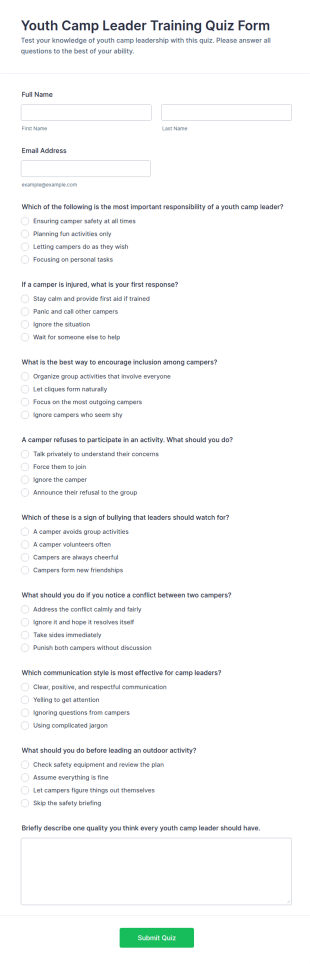Youth Camp Leader Training Quiz Form Template