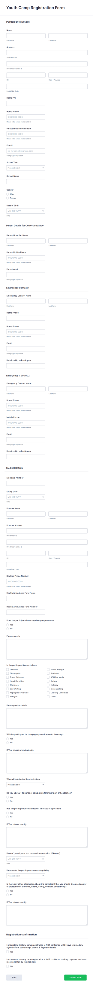 Youth Camp Registration Form Template