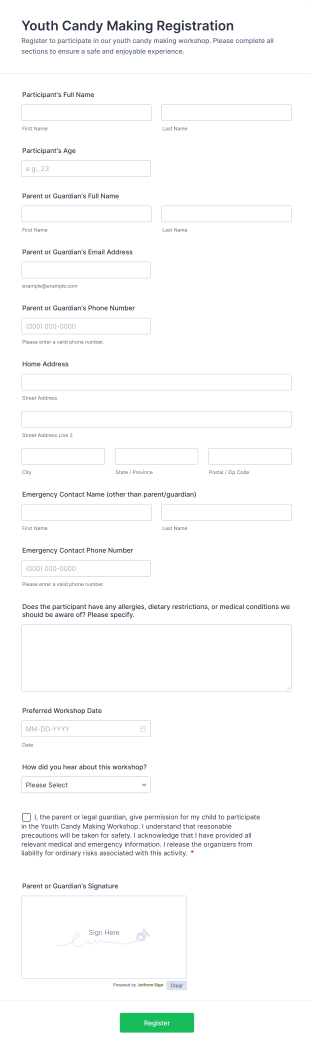 Youth Candy Making Registration Form Template