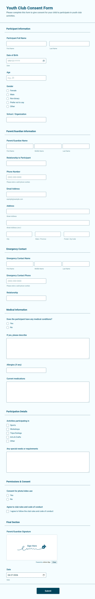 Youth Club Consent Form Template