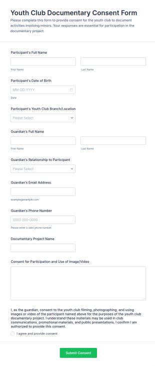 Youth Club Documentary Consent Form Template
