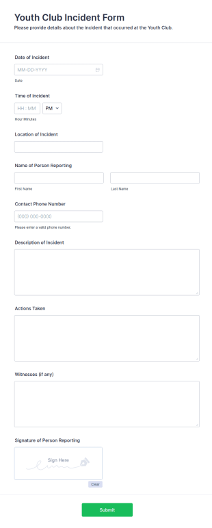 Youth Club Incident Form Template