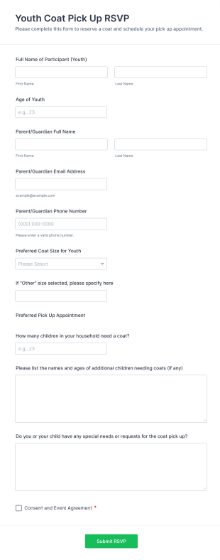 Youth Coat Pick Up RSVP Form Template
