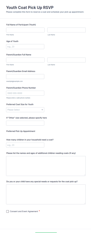 Youth Coat Pick Up RSVP Form Template