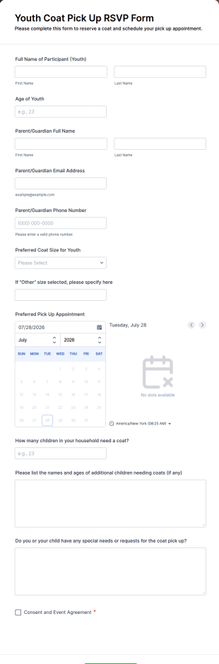 Youth Coat Pick Up RSVP Form Template