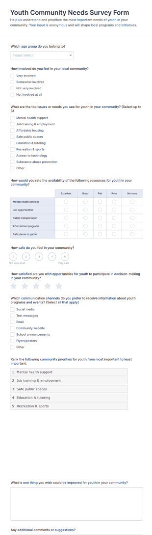 Youth Community Needs Survey Form Template