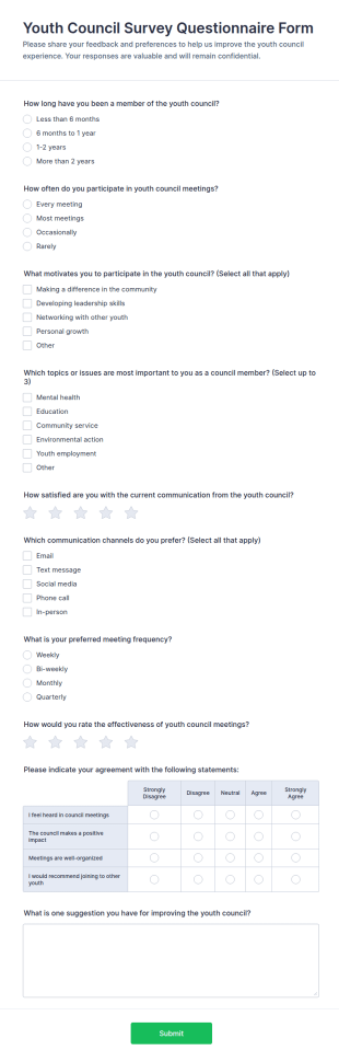 Youth Council Survey Questionnaire Form Template