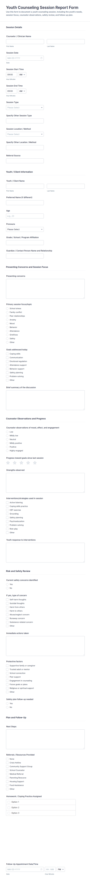 Youth Counseling Session Report Form Template
