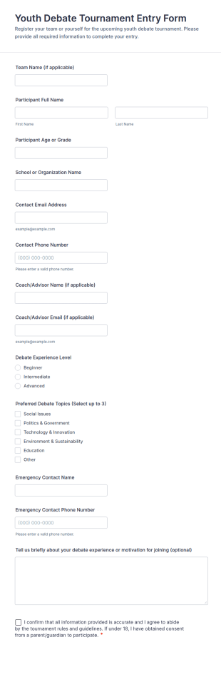 Youth Debate Tournament Entry Form Template