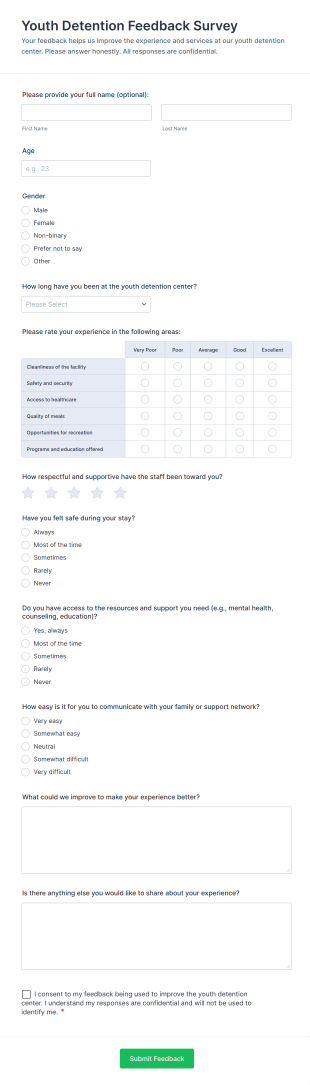 Youth Detention Feedback Survey Form Template