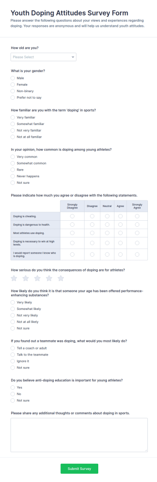 Youth Doping Attitudes Survey Form Template
