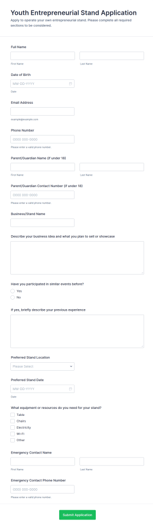 Youth Entrepreneurial Stand Application Form Template