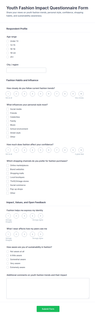 Youth Fashion Impact Questionnaire Form Template