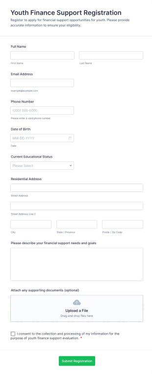 Youth Finance Support Registration Form Template