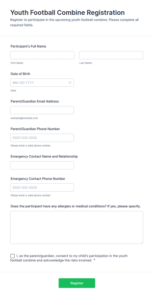 Youth Football Combine Registration Form Template