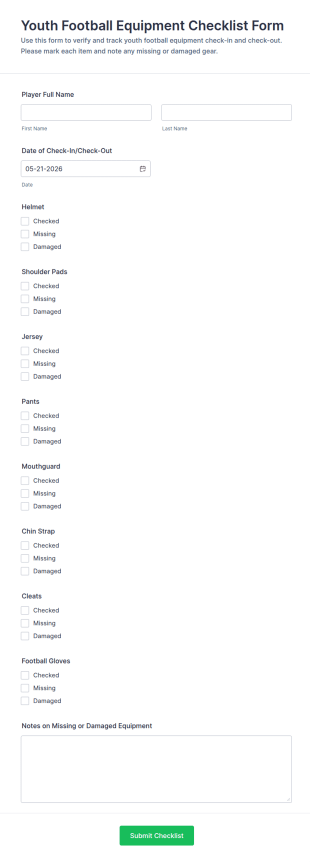 Youth Football Equipment Checklist Form Template