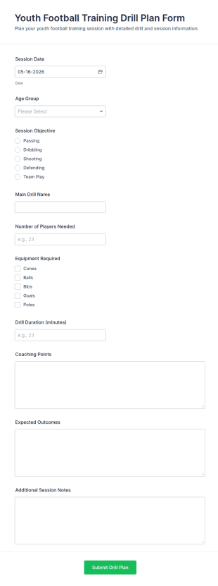 Youth Football Training Drill Plan Form Template