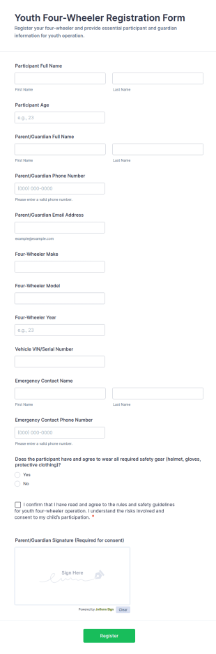 Youth Four Wheeler Registration Form Template